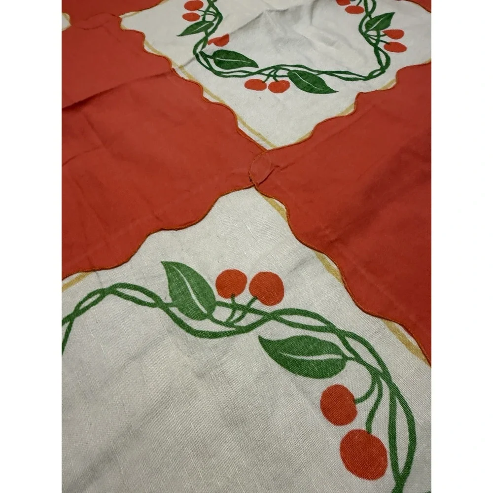 Vintage Handmade Handkerchief Patchwork Tablecloth 44x44 Cherry Scalloped